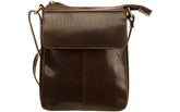 A brown leather shoulder bag with a flap closure and an adjustable crossbody strap.
